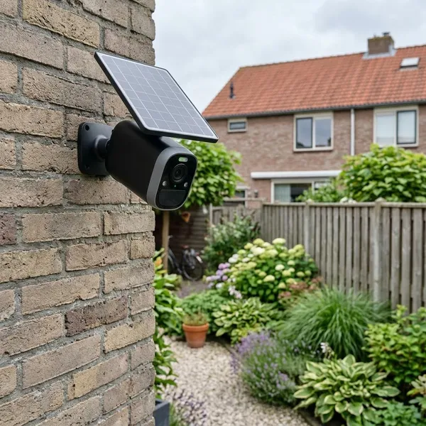 Camera met zonnepaneel in de winter